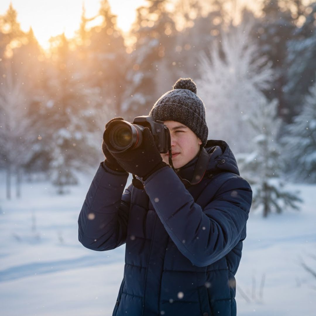 a photographer capturing snow scenes