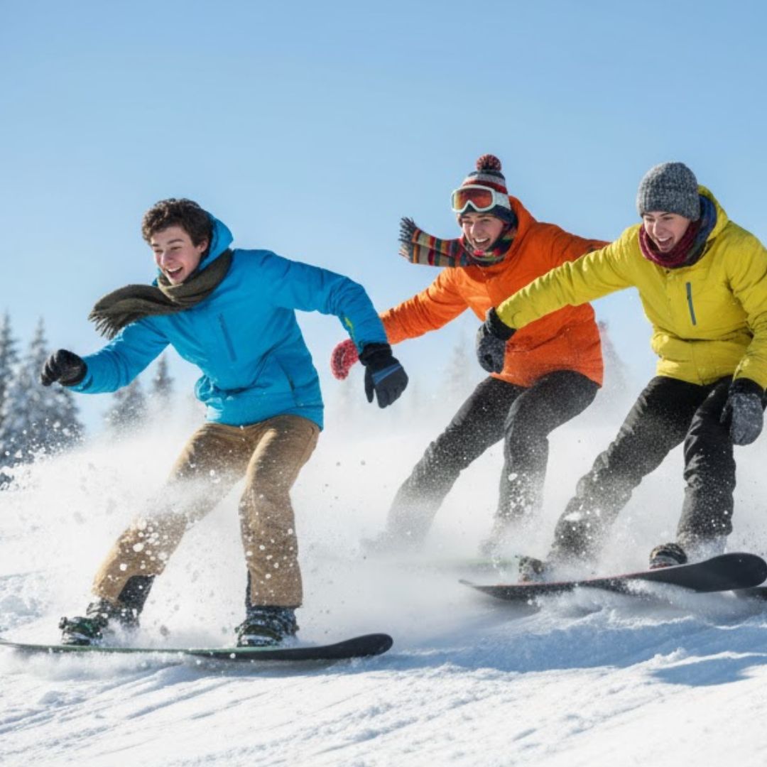 guys snowboarding and enjoying with friends