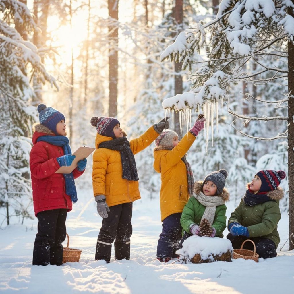 kids collecting natural elements and winter decoration