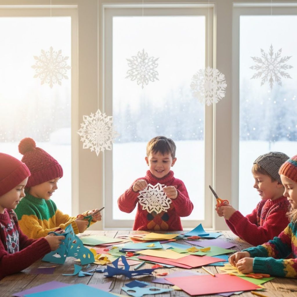 kids creating snow crafts
