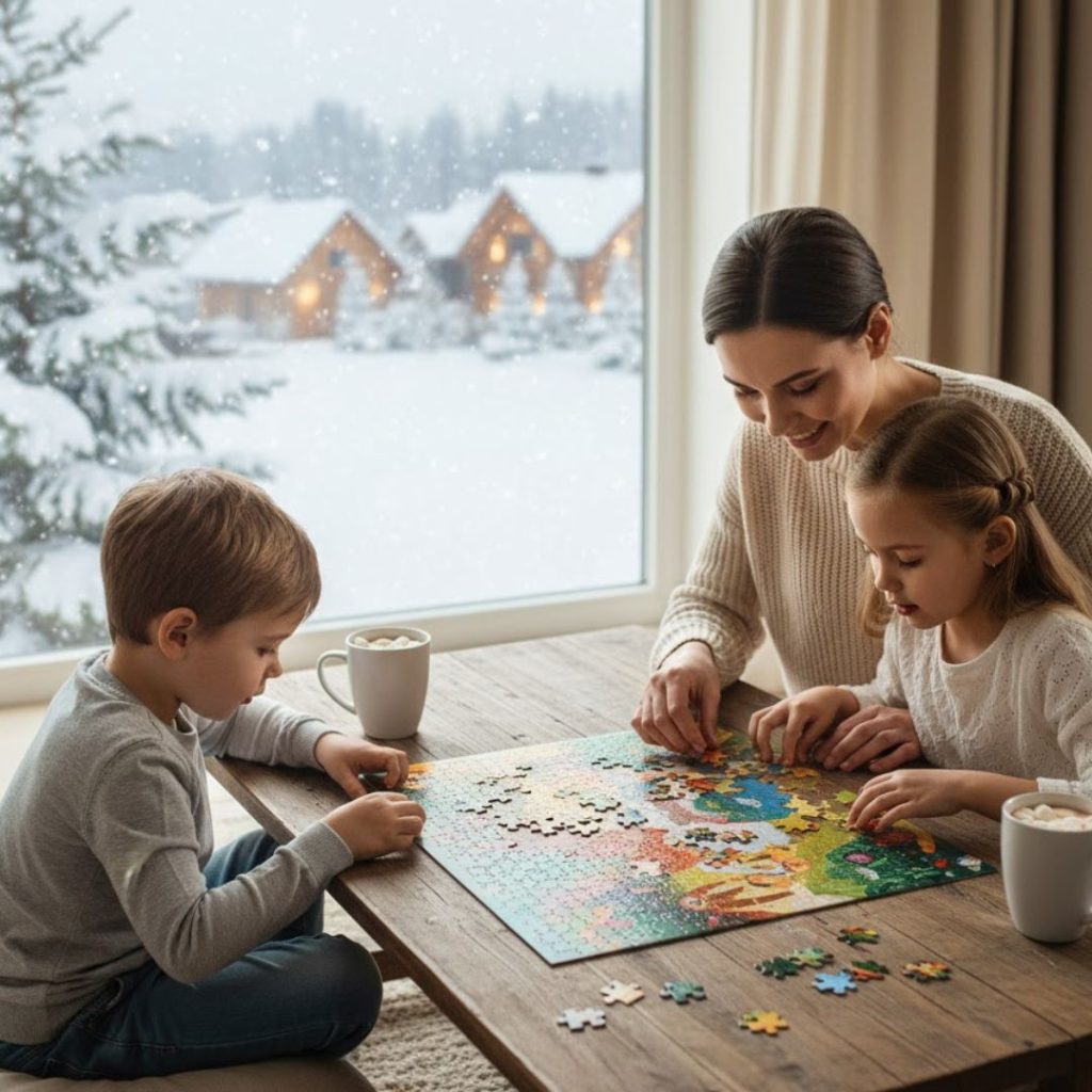 kids solving puzzle with help of mother