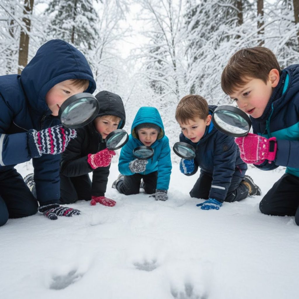 kids tracking footprints in snow