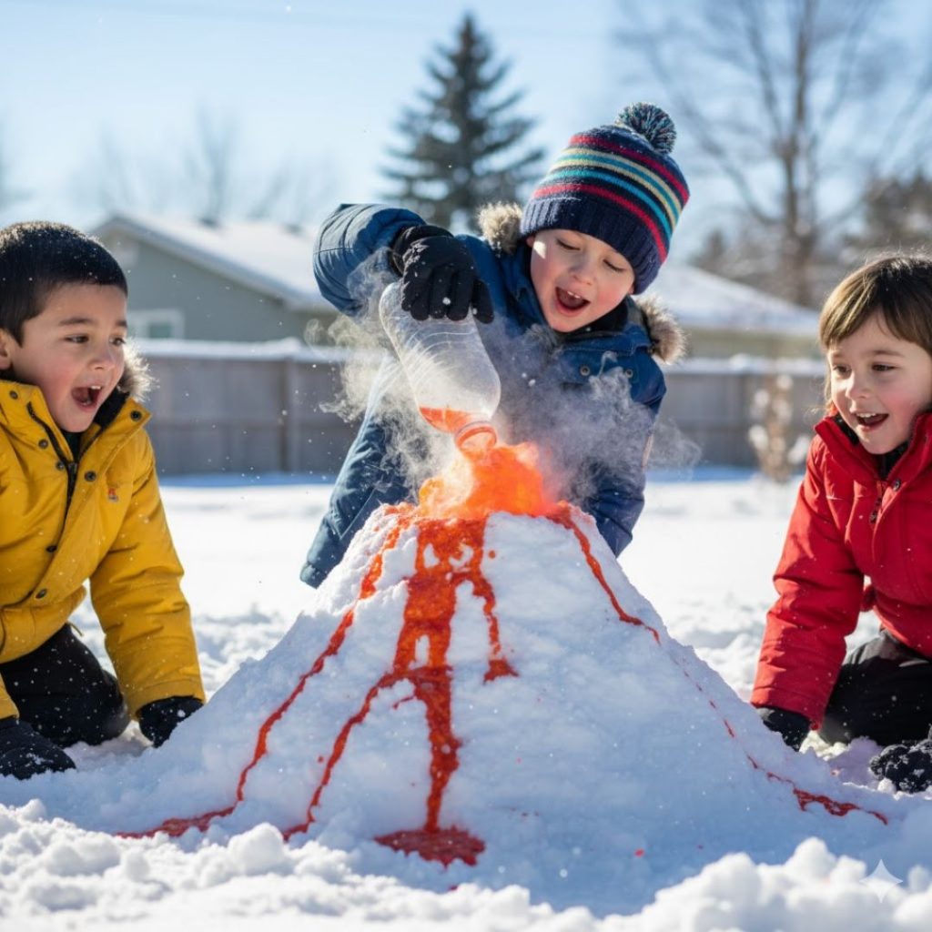 kids trying snow volcano