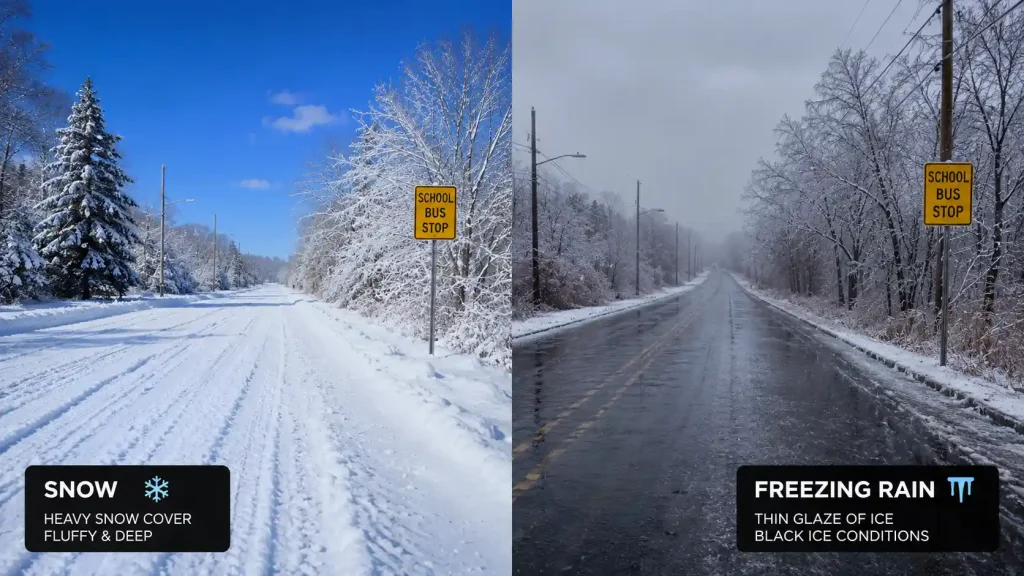 ❄️ Snow Day Predictor & Snow Day Calculator 5 Snow-covered road vs black ice road comparison showing why freezing rain causes more school closures than heavy snowfall