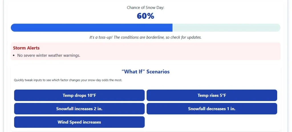 ❄️ Snow Day Predictor & Snow Day Calculator 7 what if scenarios of manual snowday calculator